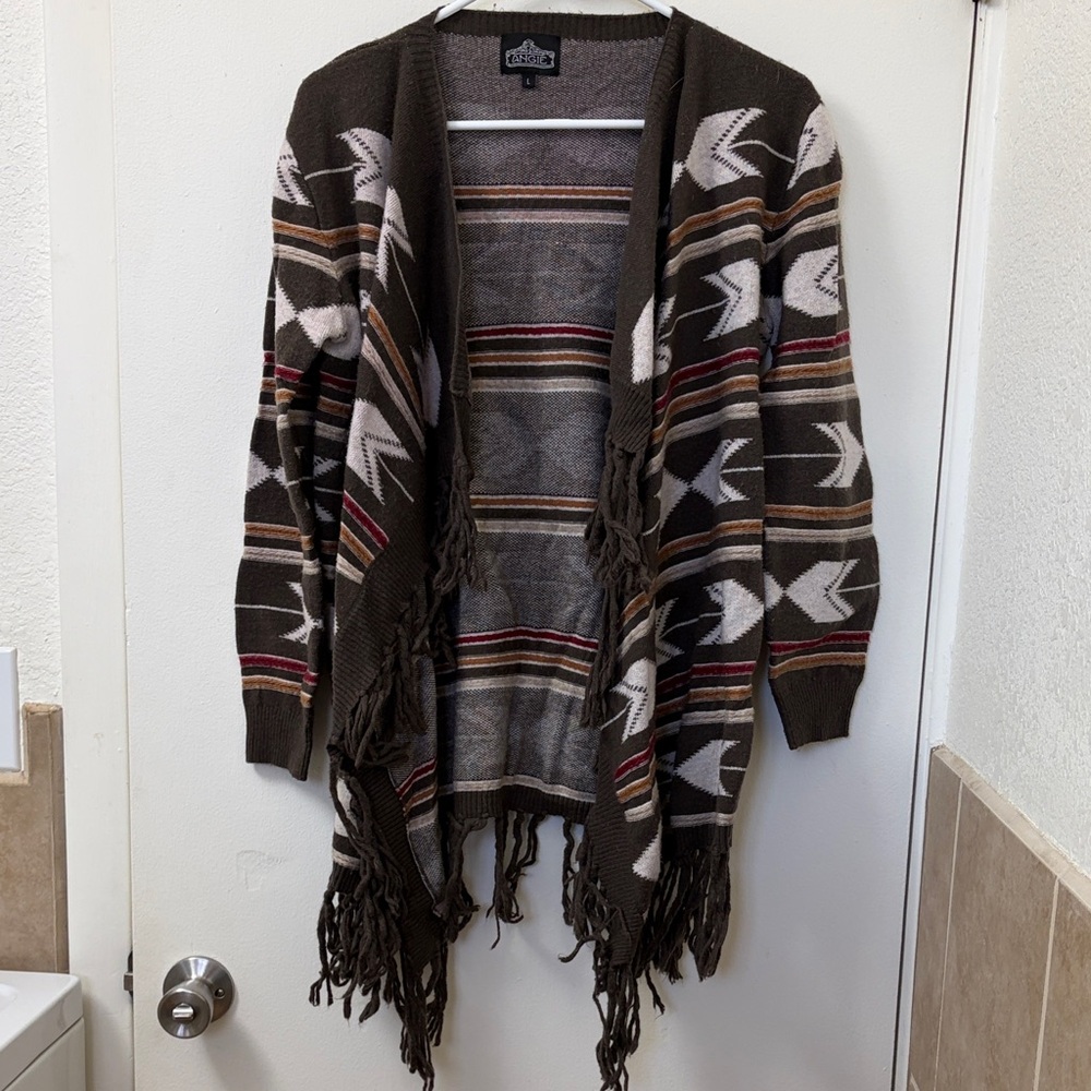 Angie Brown and Cream Patterned Fringe Cardigan